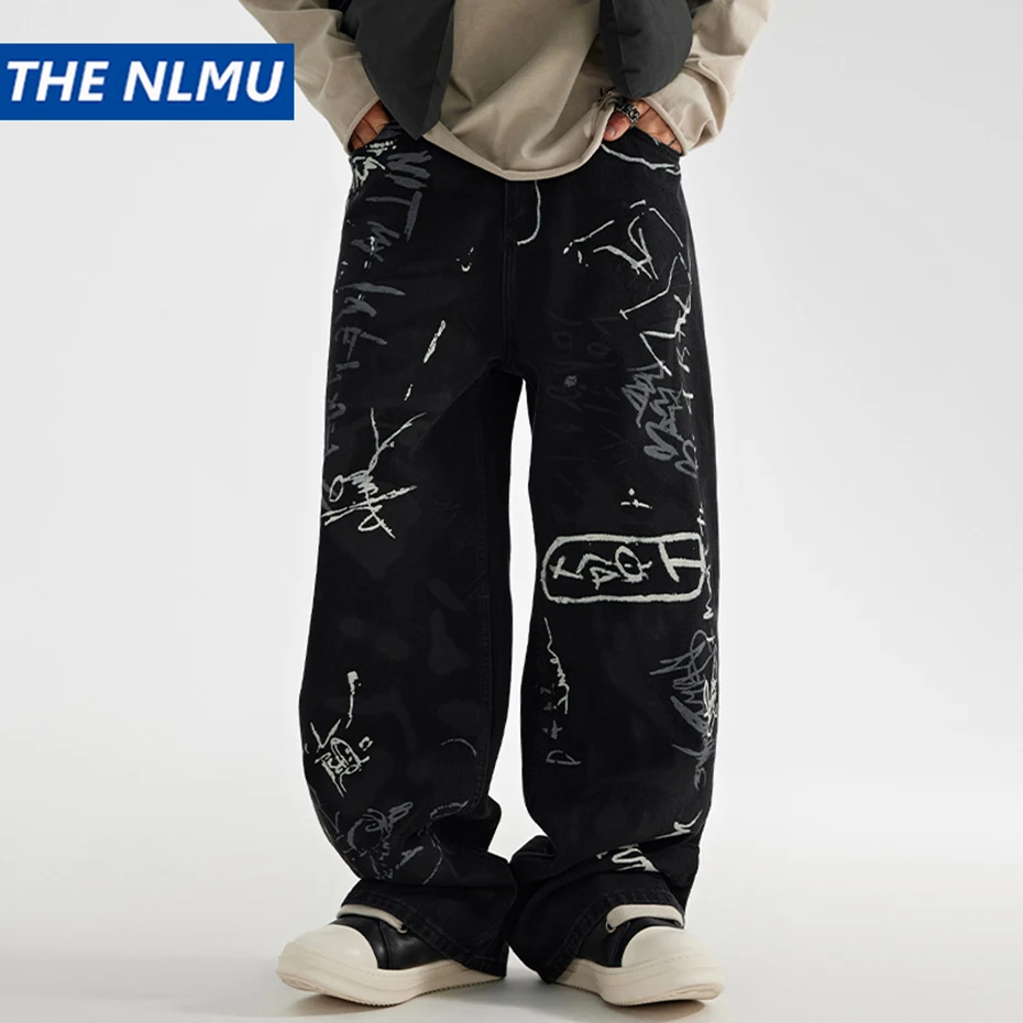 

Hip Hop Baggy Jeans Men Printed Black Loose Black Denim Pants Harajuku Streetwear Jeans Trousers for Male