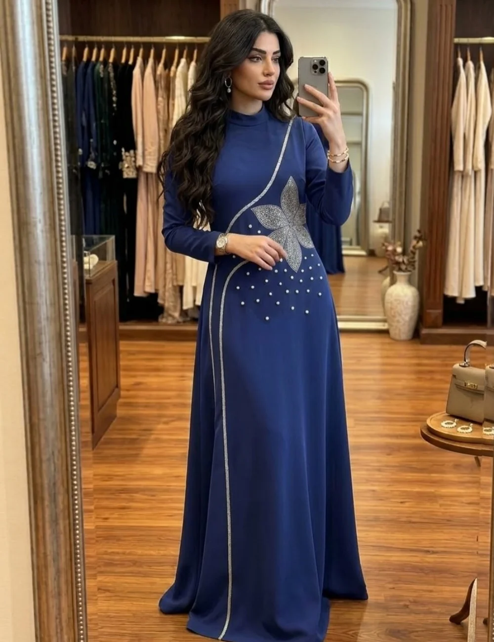 Customized Matching Casual Jersey Beading Sequined Pearl A-line High Collar Long Dresses Evening Dresses for Woman