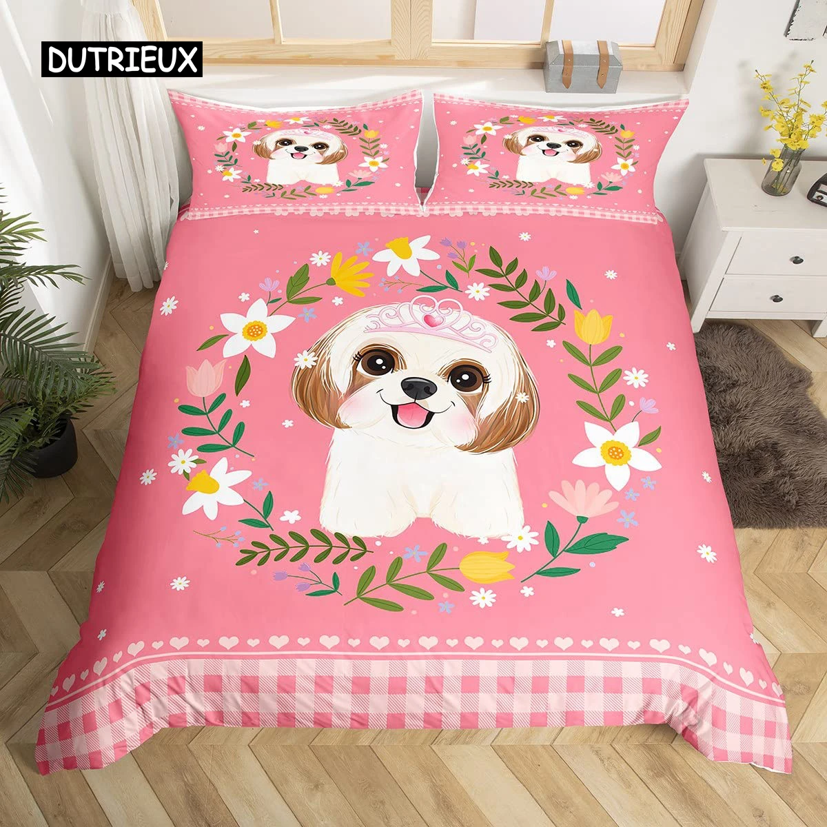 

Cartoon Animal Dog Duvet Cover King Size Pink Buffalo Comforter Cover Floral Puppy Princess Bedding Set Dog Lovers Bedroom Decor