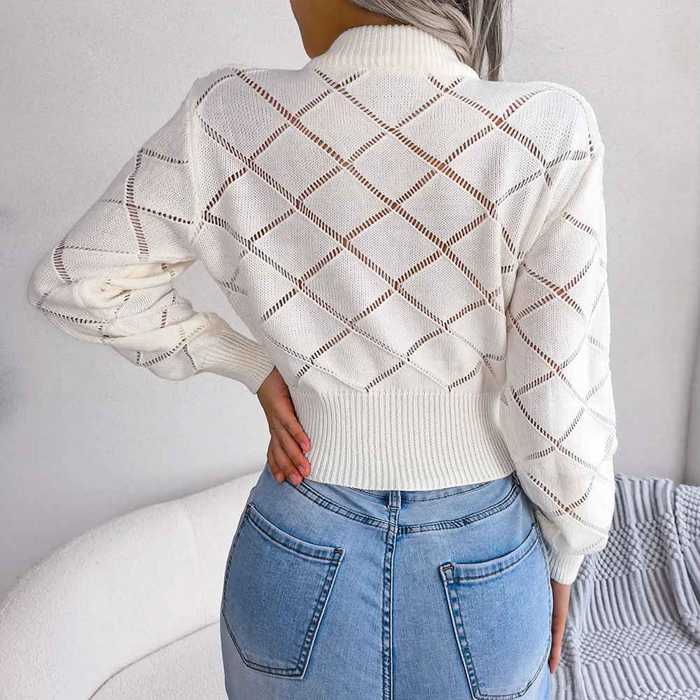 Knitted Pullovers Women 2023 Autumn Winter Casual Long Sleeve Hollow Out Sweater Crop Top White Pink Khaki