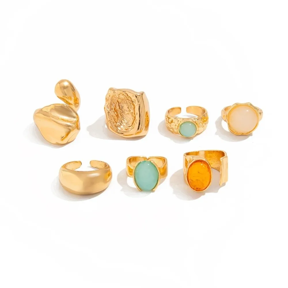 5pcs/7pcs Vintage Opening Rings Set Irregular Adjustable Chunky Smooth Rings Acrylic Embedded Luxury Retro Metal Ring Daily Wear