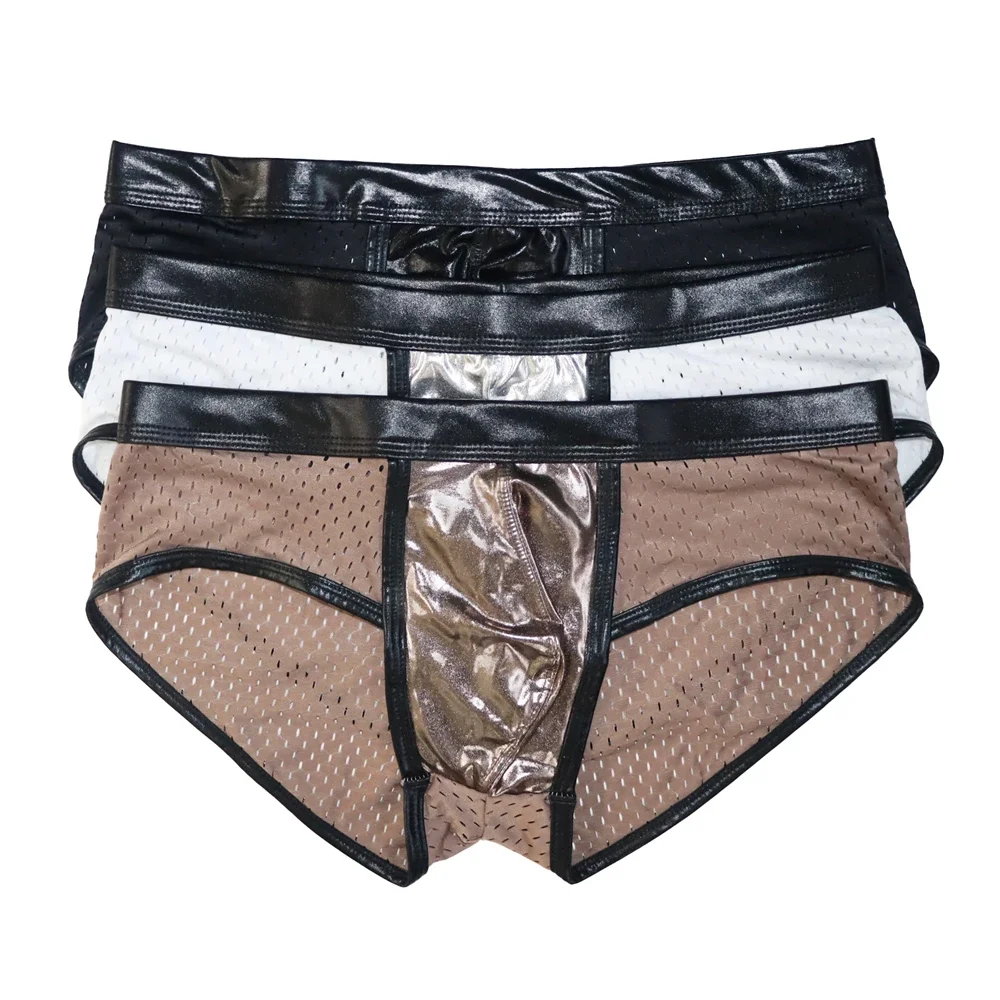 3/6pcs Men Sexy Panties U-pouch Convex Trunks Faux Leather Boxers Breathable Mesh Splicing Briefs Low Waist Jockstrap Underwear