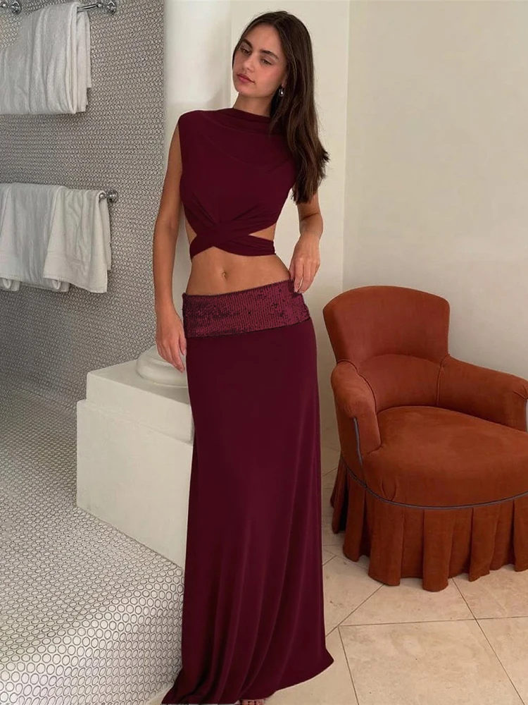 

Insglas Summer Y2K 2 Piece Set Women Backless Cross Bandage Tank Top+Widewaist Sequins Long Skirts Sexy Elegant Matching Suit