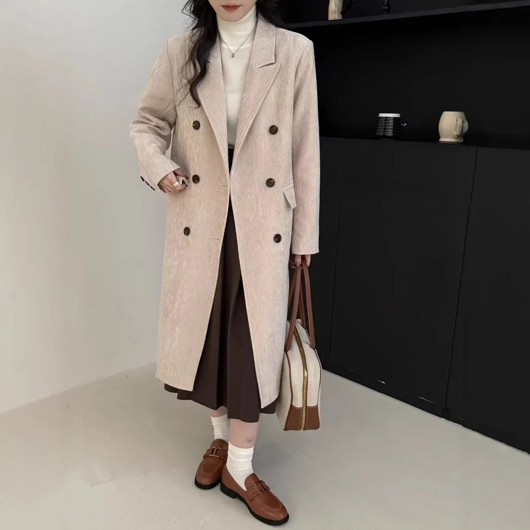 SuperAen Korea Suit Collar Burgundy Cotton Vertical Fashion Long Trench Coat for Women