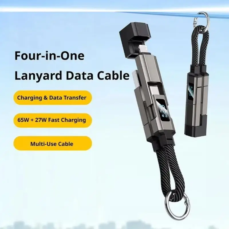 Portable 4 In 1 65W USB C Keychain Charging Cable with V/A/W Display Wear-resistant Type C Cord for Home Office Travel