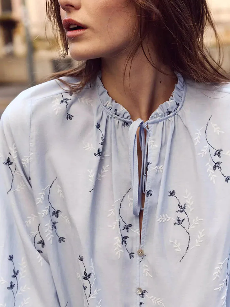 

Весенняя новинка: Женская блузка ZA2026 с длинным рукавом, круглым вырезом, принтом и вышивкой, повседневная, шикарная, модная