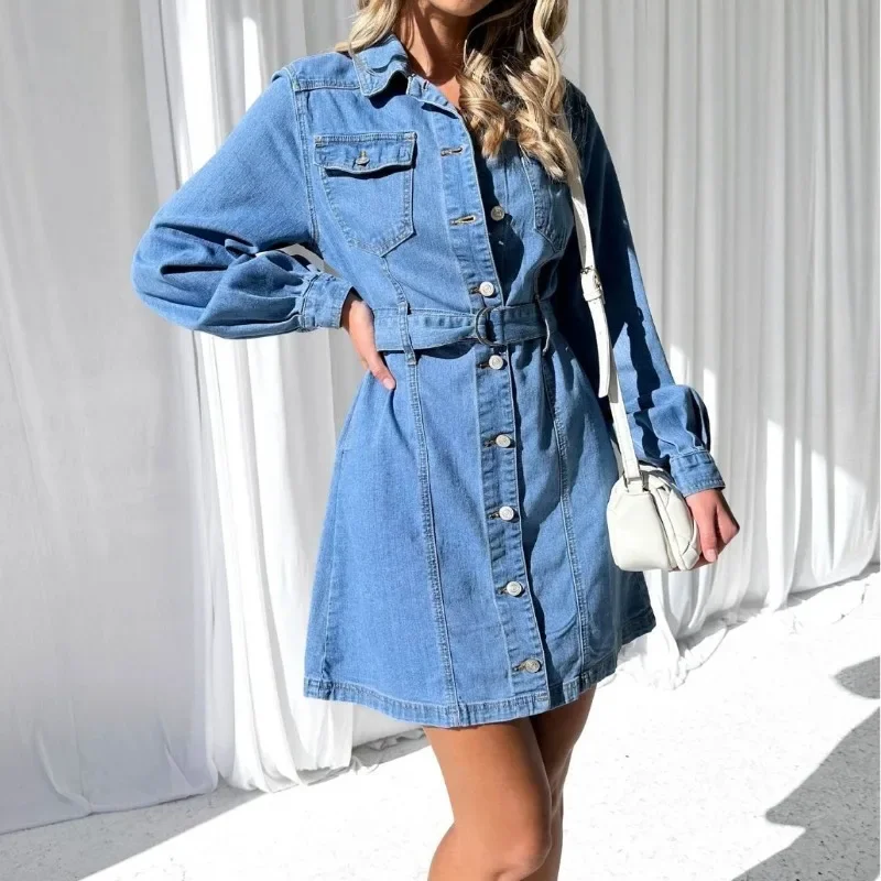 Jeans Dress Single Breasted Long-Sleeved Y2K Denim Dress Fashion Casual Button Lace-up Slimming Denim Dress for Women