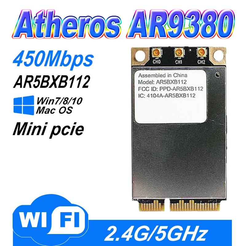 Atheros Wireless-N Dual-Band Half Card, AR5BXB112, AR9380 para Mini PCI-E, 450Mbps, 2.4G, 5G