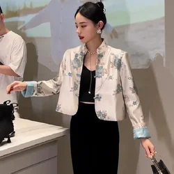 2024 New Chinese Style Blouse Chinoiserie Fashion Embroider Matching Coat Women Autumn Blue Lady Casual Daily Tangsuits Shirt