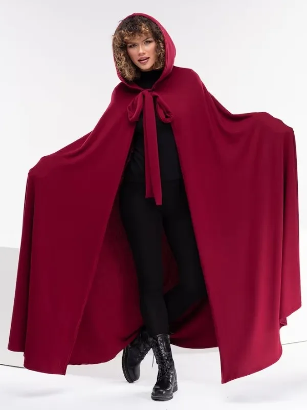 Medieval Retro Hooded Cloak Performance Costume Halloween Event Witch Cloak Stage Wear Red Wine Color Women's Traditional Outfit