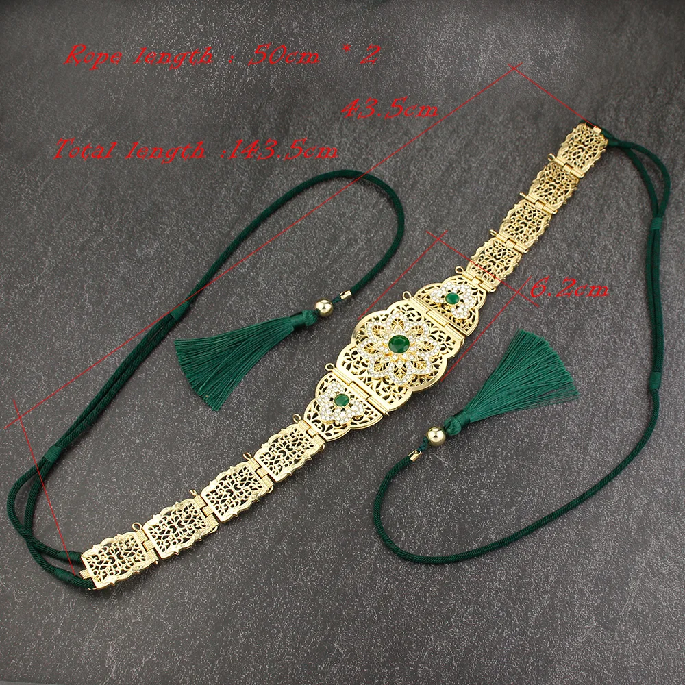 Sunspicems Morocco Bride Rope Belt for Women Gold Color Metal Flower Caftan Belt Arabic Robe Waist Chain Hand-knit Rope Bijoux