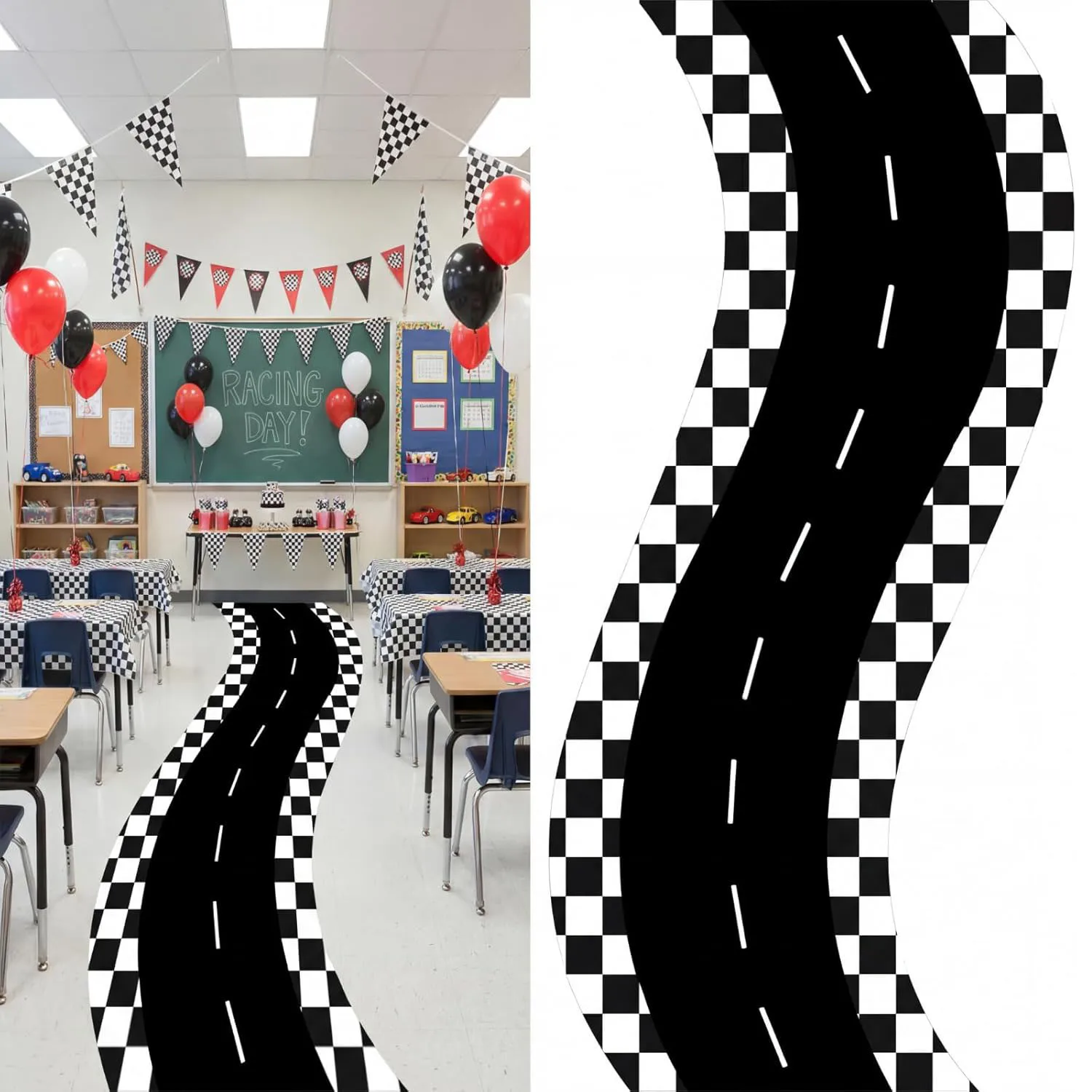 Rennwagen-Läuferläufer für Partys, Rennstrecken-Bodenläufer aus Polyester, schwarz-weiß kariert, Rennstrecken-Banner, Rennwagen