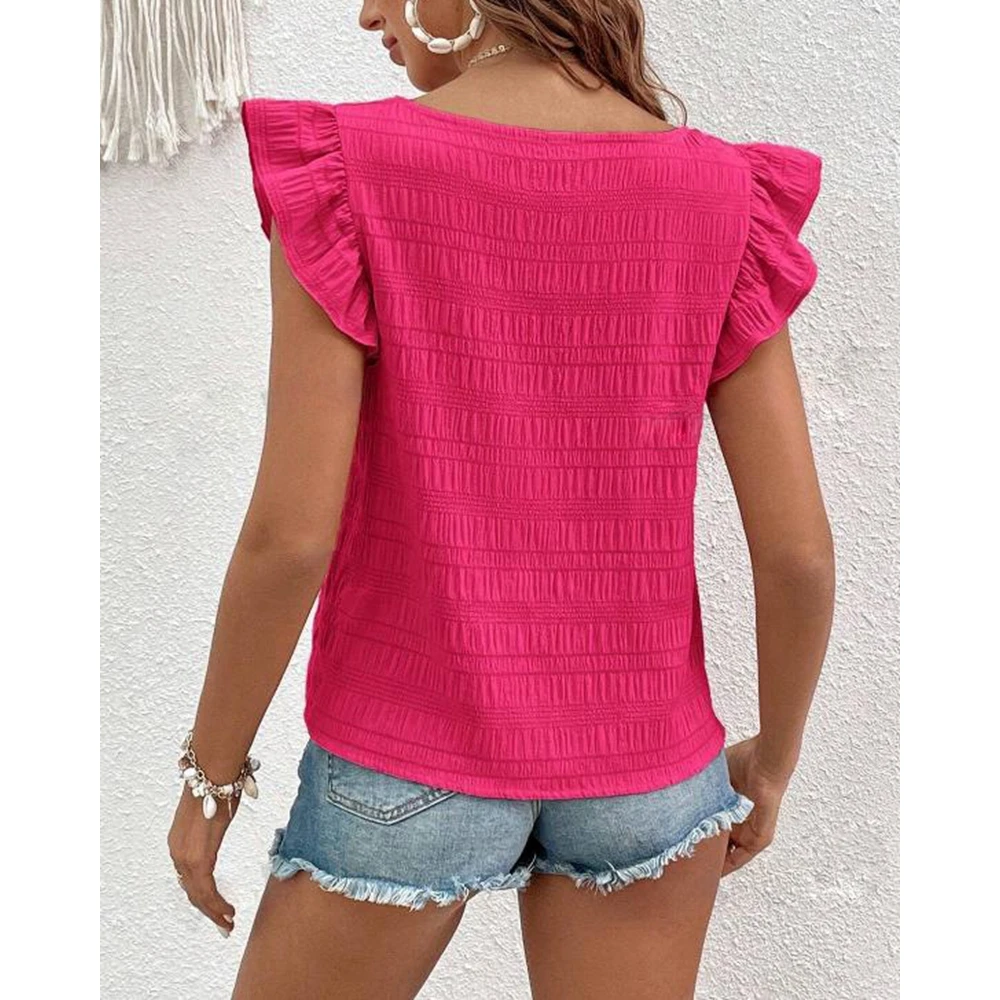 2024 Women's Square Neck Sleeveless Blouse Ruched Ruffles Casual Ribbed Shirts Fashion Summer Basic Top Streetwear