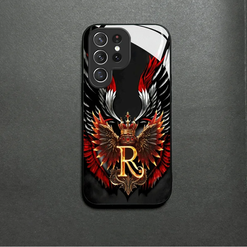 Pattern letter R glass phone case suitable for Samsung Galaxy S26 S25 S24 S23 S22 S20 FE/Ultra/Plus anti drop back cover