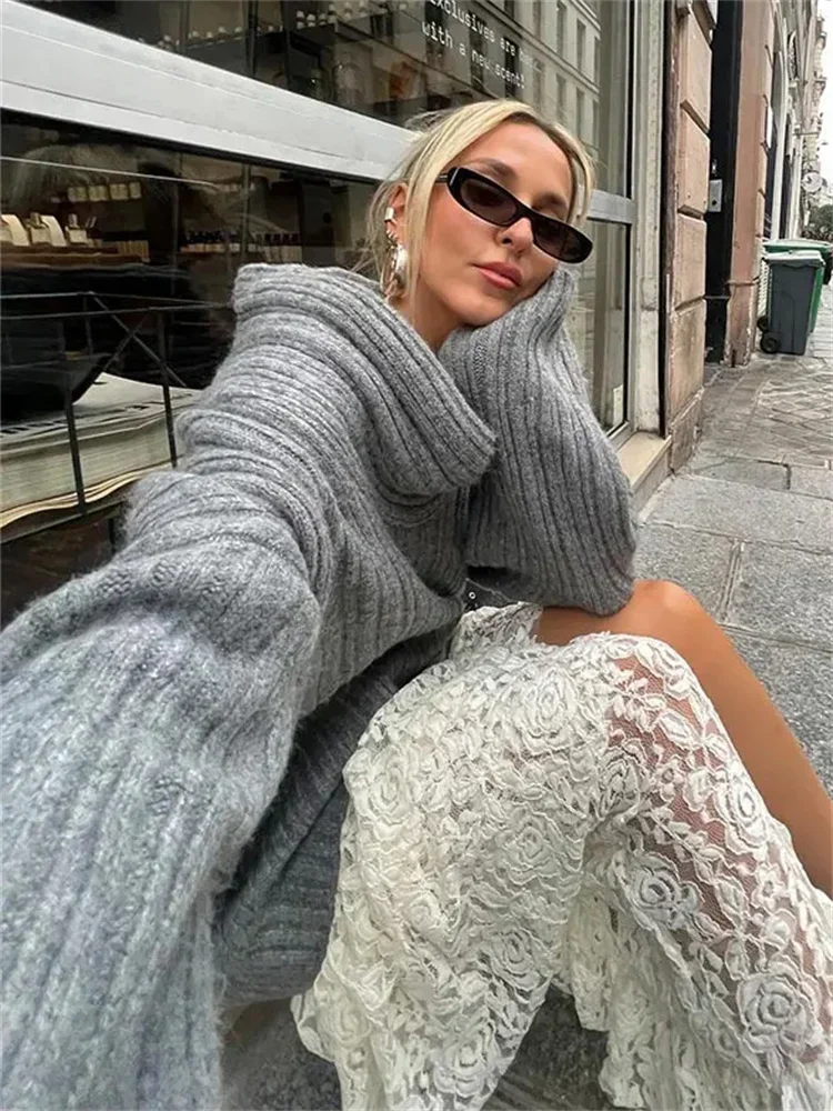 Tossy Off-Shoulder Solid Knit Sweater Women Casual Loose Long Sleeve Patchwork Oversized Sweater Slim Fashion Pullover Female