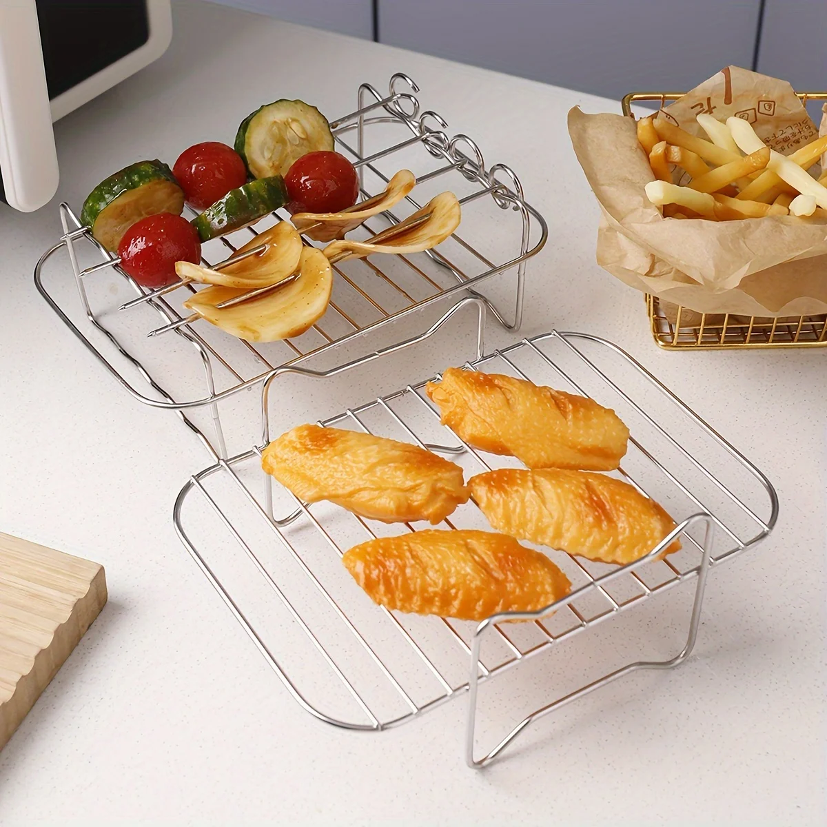 Air Fryer Baking Rack Outdoor Grill Set with Skewers Stainless Steel Stackable Grill Skewer Rack BBQ Home Baking Dishes Bracket