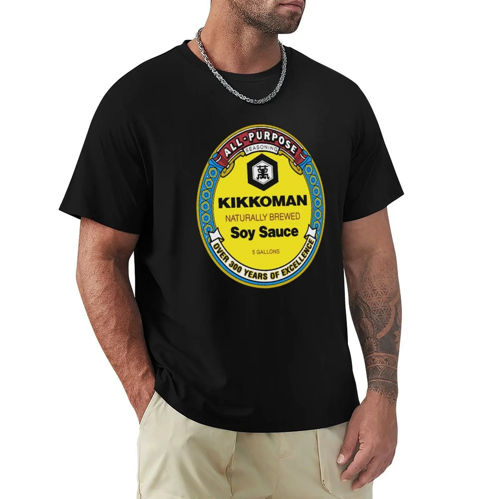 Camiseta de Algodón Negra de Manga Corta para Hombre con Diseño Divertido de Salsa de Soja Kikkoman, Ideal para Uso Casual y de Moda