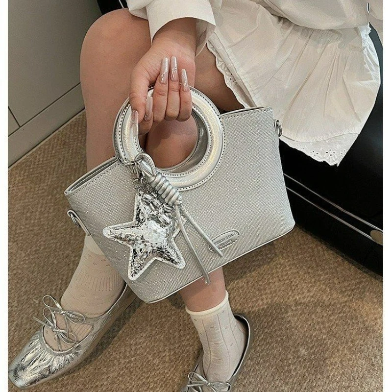 

Новая мини-сумка CEEKAY 2026 года с серебряными стразами, сумка-тоут в стиле Y2K с подвеской-звездой и ручкой-кольцом, универсальная сумка через плечо для женщин