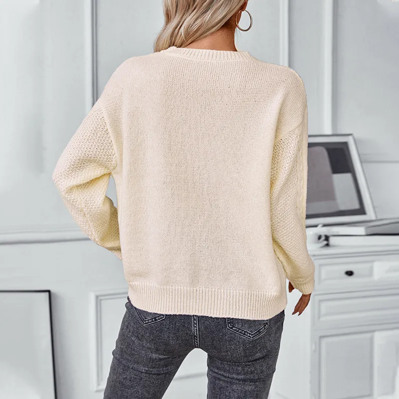 Solid color hollow pullover European and American2024 autumn and winter retro kink cross-border knitted sweater women's clothing