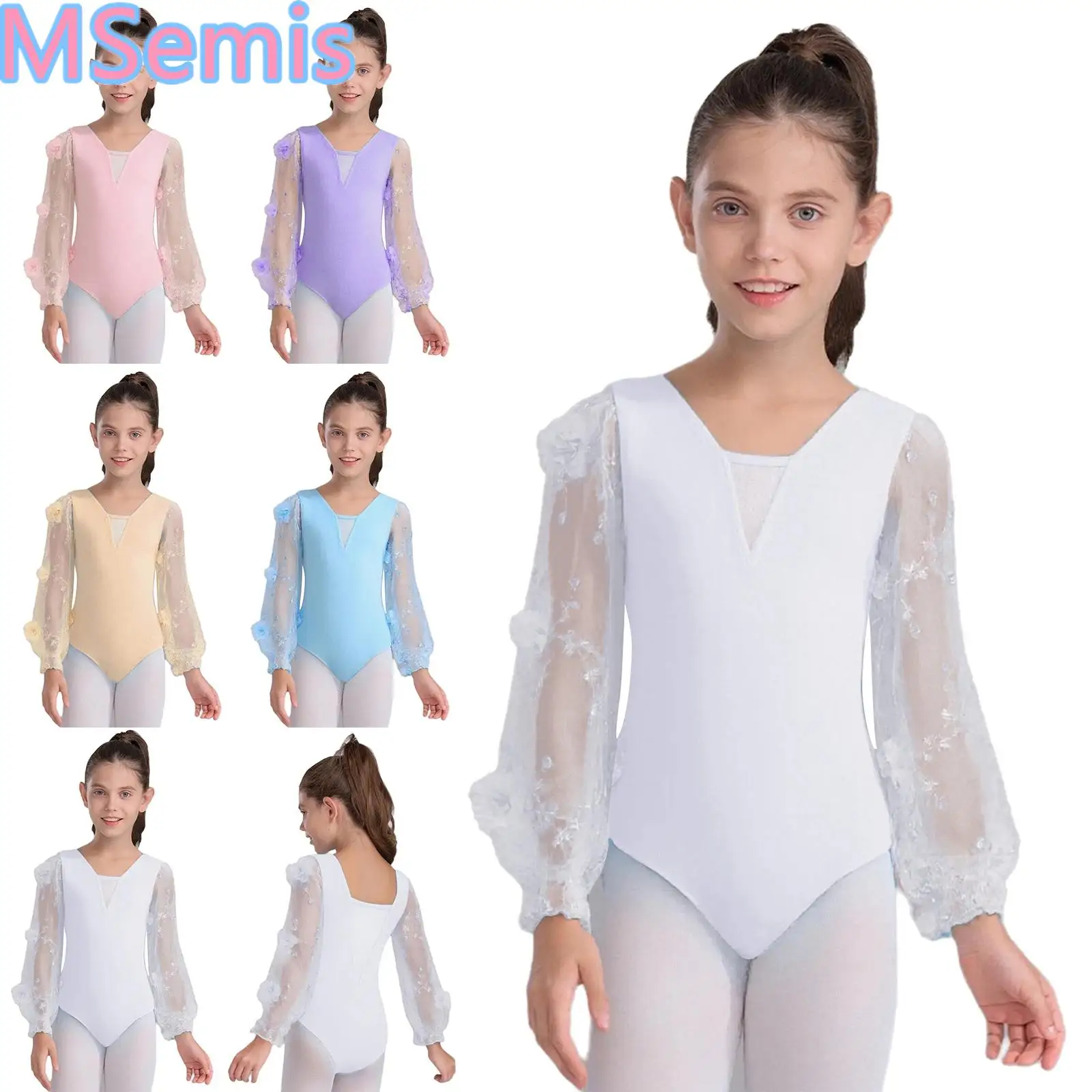 Kids Girls V-Neck Ballet Leotard Performance Costume 3D Flowers Embroidery Sheer Mesh Long Puff Sleeves Dance Leotard