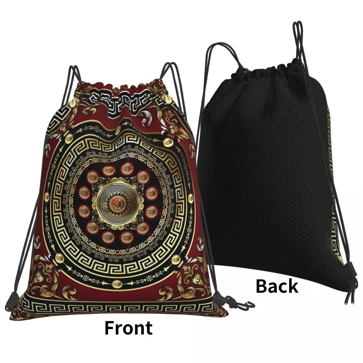 Greek Key Meander Red Gold Black Medallion Baroque Backpacks Fashion Drawstring Bundle Pocket Sports Bag Book Bags School