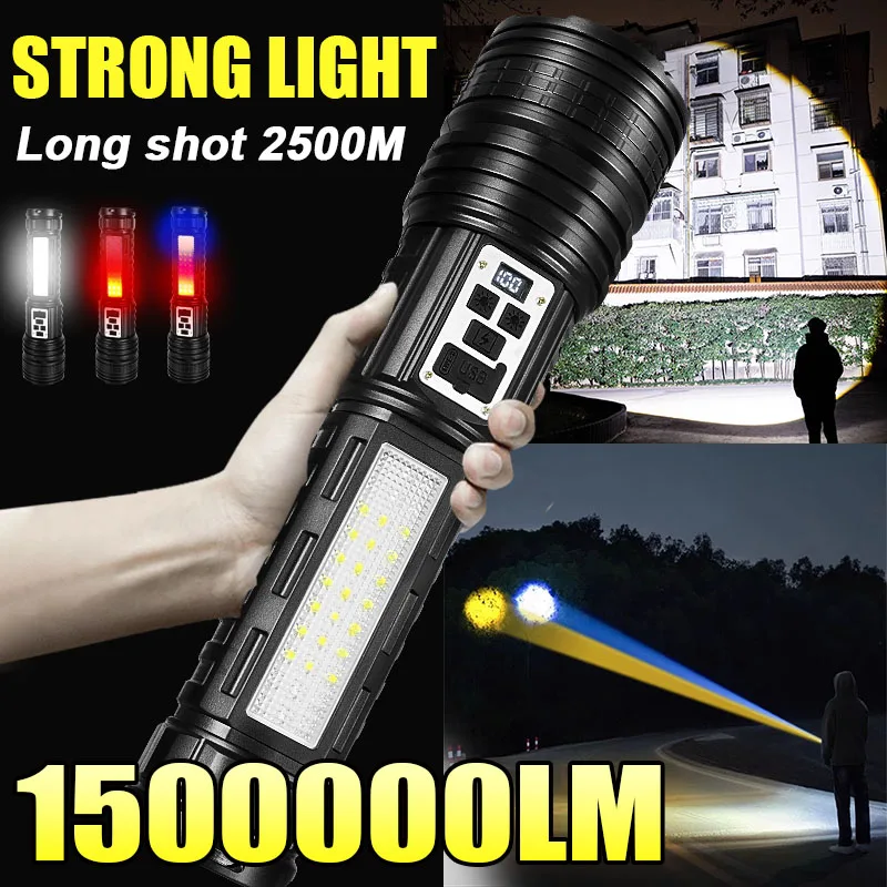 

1500000LM Most Powerful LED Flashlight White+Yellow Light Type-C Rechargeable Lamp COB Lights Tactical Flashllights For Fishing