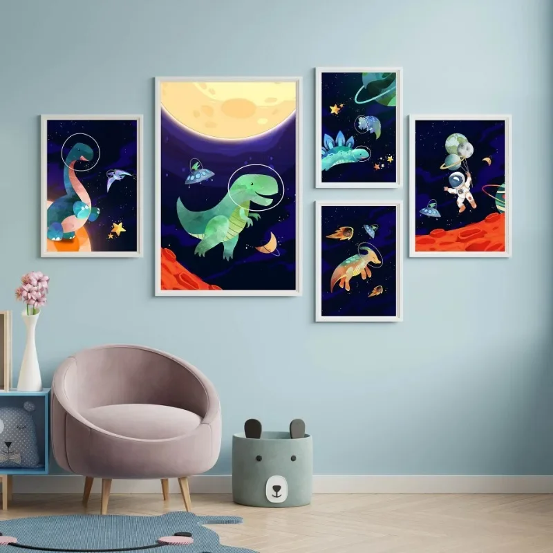 1pc frameless Canvas Painting Astronauts Rocket Ship Space Dinosaur Cartoon Posters Prints Canvas Printing Wall Art Picture for