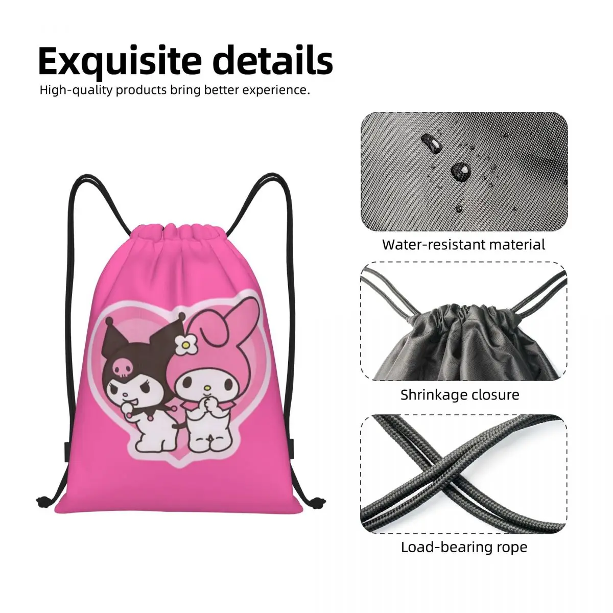 Bolsas con cordón personalizadas Melody Kuromi para amantes de los dibujos animados, mochilas portátiles para deportes y gimnasio para hombres y mujeres, mochilas de almacenamiento para compras