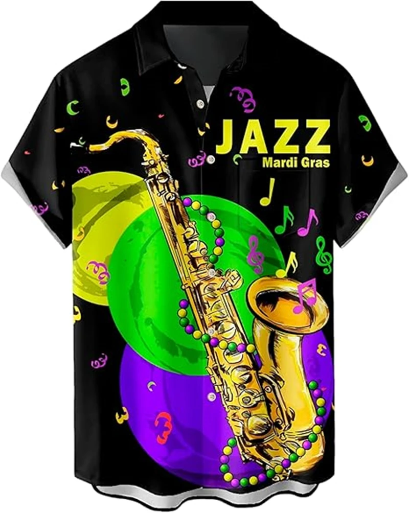 

Рубашки с короткими рукавами для мужчин и женщин в стиле Марди Гра с художественным принтом музыки и гитары, повседневные, для отдыха на природе, уличные, весенне-летние, в стиле поп-арт
