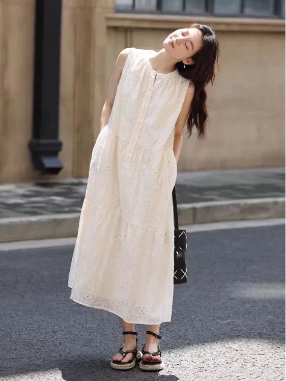 

Летнее шелковое платье-сарафан с вышивкой в корейском стиле, модель 2026 года, с завышенной талией, прямое, для отпуска