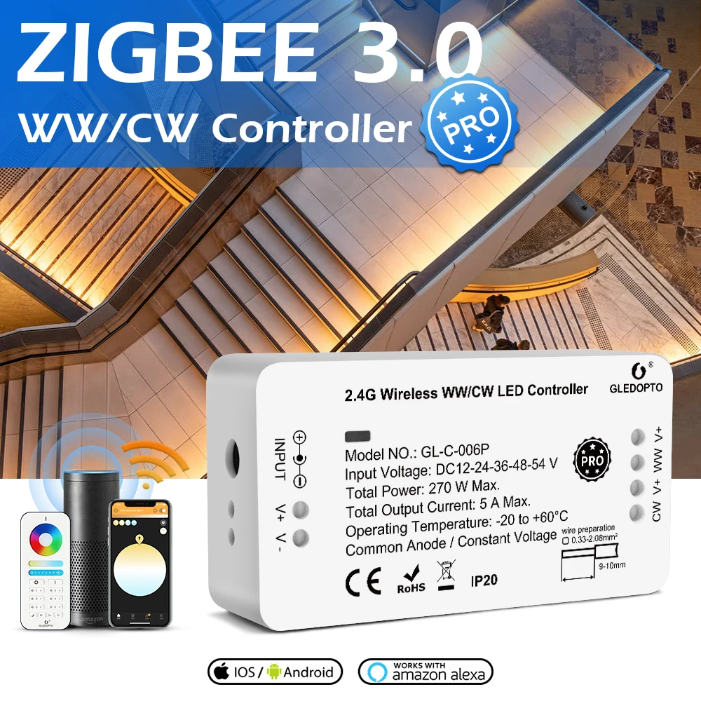 

Zigbee 3.0 GLEDOPTO Pro WW/CW LED Strip Controller DC 12-54V Compatible with Hub Bridge Mobile Phone App Remote Voice Control