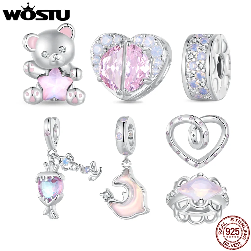

WOSTU 925 Sterling Silver Pink Dreamy Bear Heart Bead Candy Charms Dolphin Pendant Fit DIY Bracelet Necklace Girl Birthday Gift