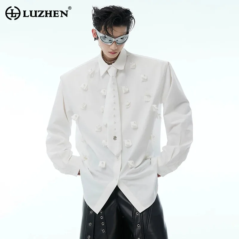 

LUZHEN трехмерный длинный жемчуг 2025, лоскутный дизайн, новые рубашки с персонализированными рукавами, мужские модные топы с подплечниками JY5945