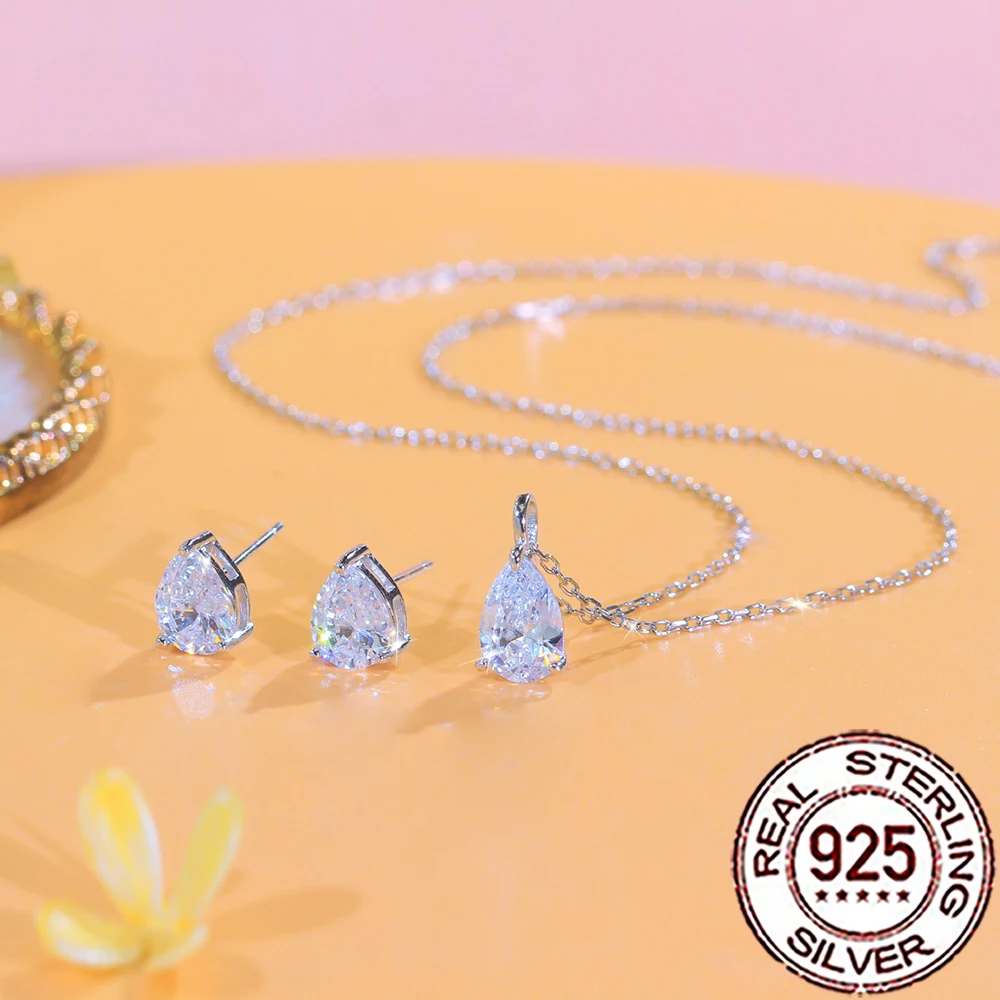 QooLady 925 فضة تألق تشيكوسلوفاكيا الزركون قطرة الماء قلادة قلادة طقم أقراط للنساء مجوهرات حفلات الزفاف ST044