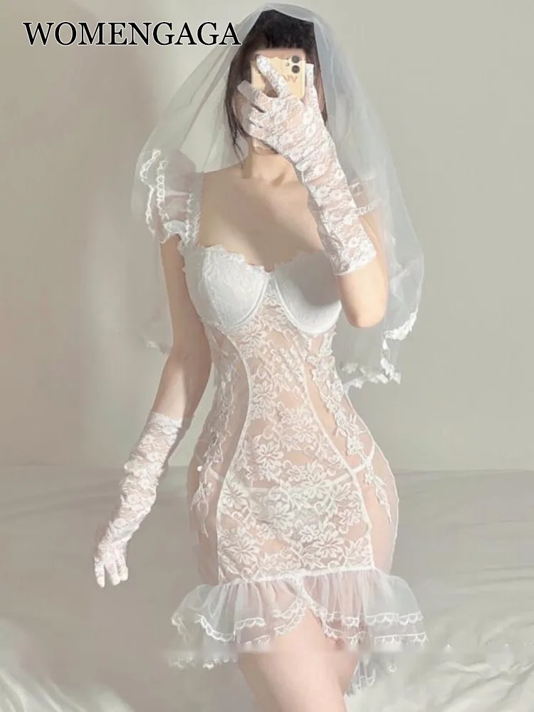 WOMENGAGA Sexy Wedding Dress Sexy Bridal Uniform Temptation Transparent Hot Sexy Korean Dresses Clothes Cosplay Robe TA05