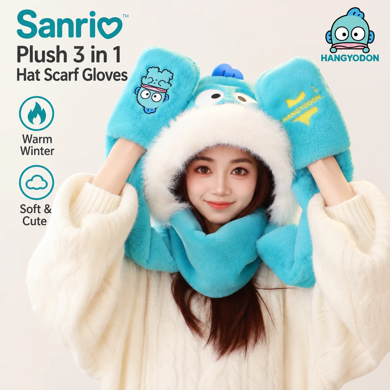 Sanrio Autumn Winter Thick Furry Warm 3-In-One Hat Scarf Glove Set Outdoor Cold Weather Halloween Cosplay Warm Costume Accessory