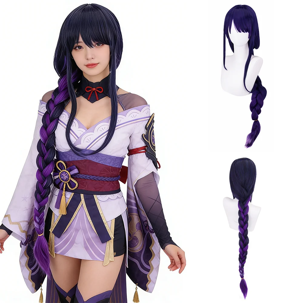 

Raiden Shogun Baal Cosplay Wig Purple Gradient 110cm Extra Long Thick Braid with Bangs Free Wig Cap For Women Party Daily Use
