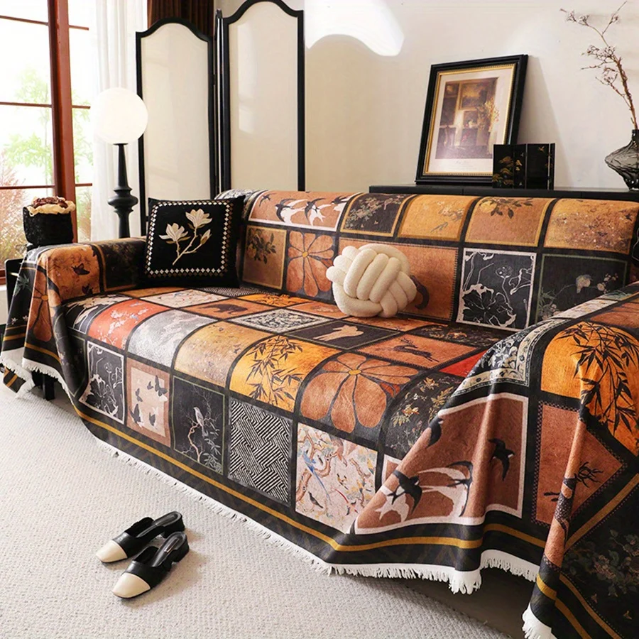 1pc Old Money Style Chenille Sofa Towel Retro Painted Grid Print Sofa Throw Blanket with Tassels All-cover Couch Protector