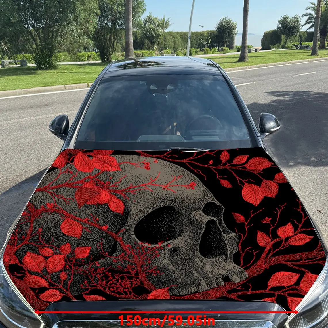 Car Decals A Skull Amidst A Background With Red, Patterned Elements Car Hood Sticker, Waterproof Self - Adhesive Vinyl Graphics