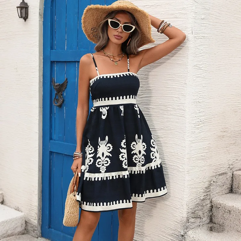 

Bohemian Fashion Floral Print Women's Sling Dress Summer Beach Vacation Mini Dresses Ladies Elegant High Waist A-line Vestidos