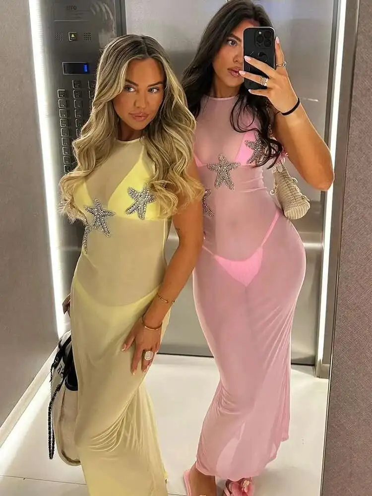 Oniflyme Mesh Sheer Backless Maxi Dress For Women Robes Sexy O Neck Sleeveless Bodycon Dresses Summer Holiday Vacation Vestido