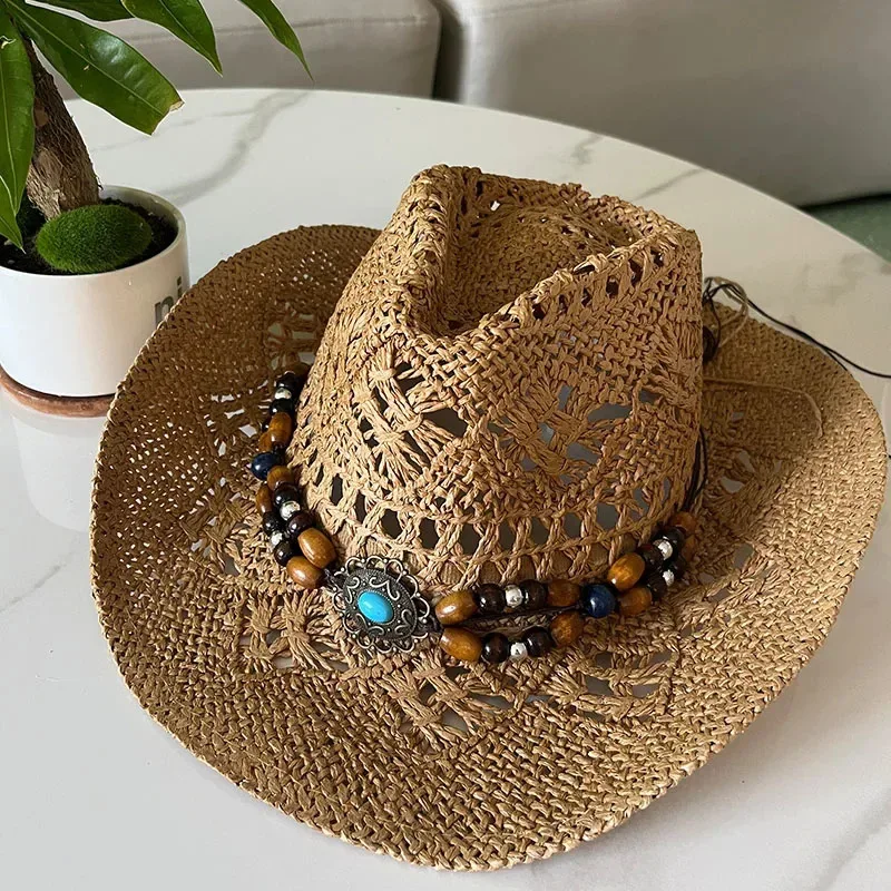 

Vintage Summer Beach Bohemian Straw Hat Shell Women Men Western Cowboy Hats Wooden Beads Hollow Out Sun Hat Holiday Cap