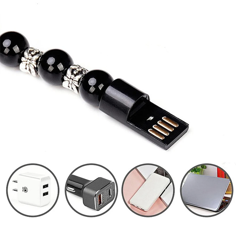Creative Micro USB Type C Beaded Strand Bracelet Women Men Data Charger Cable Solid Cord for iPhone 6 7 X Samsung S7 S10
