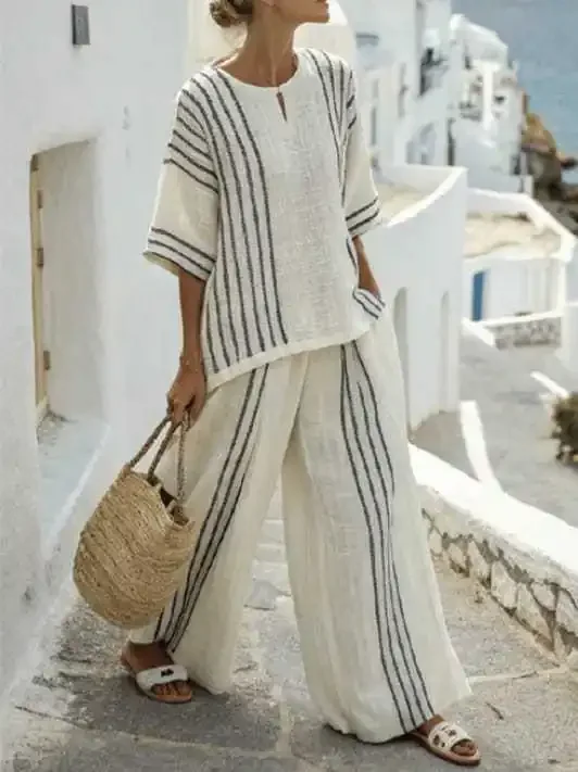 

2026 Cotton Linen Stripe Outfit Spring Women Short Sleeved Pullover Top+High Waist Loose Wide Leg Pants Summer Two Piece Set