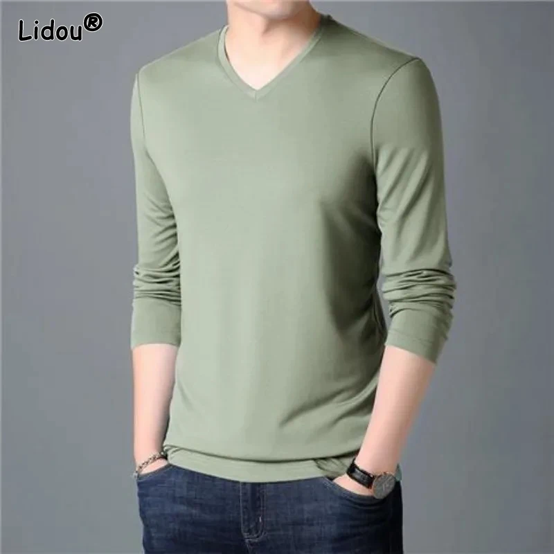 2024 Spring and Autumn Men's V-neck Slim Fit Solid Modal Casual Fashion Elegant Commuter Long sleeved Trendy Bottom Tops