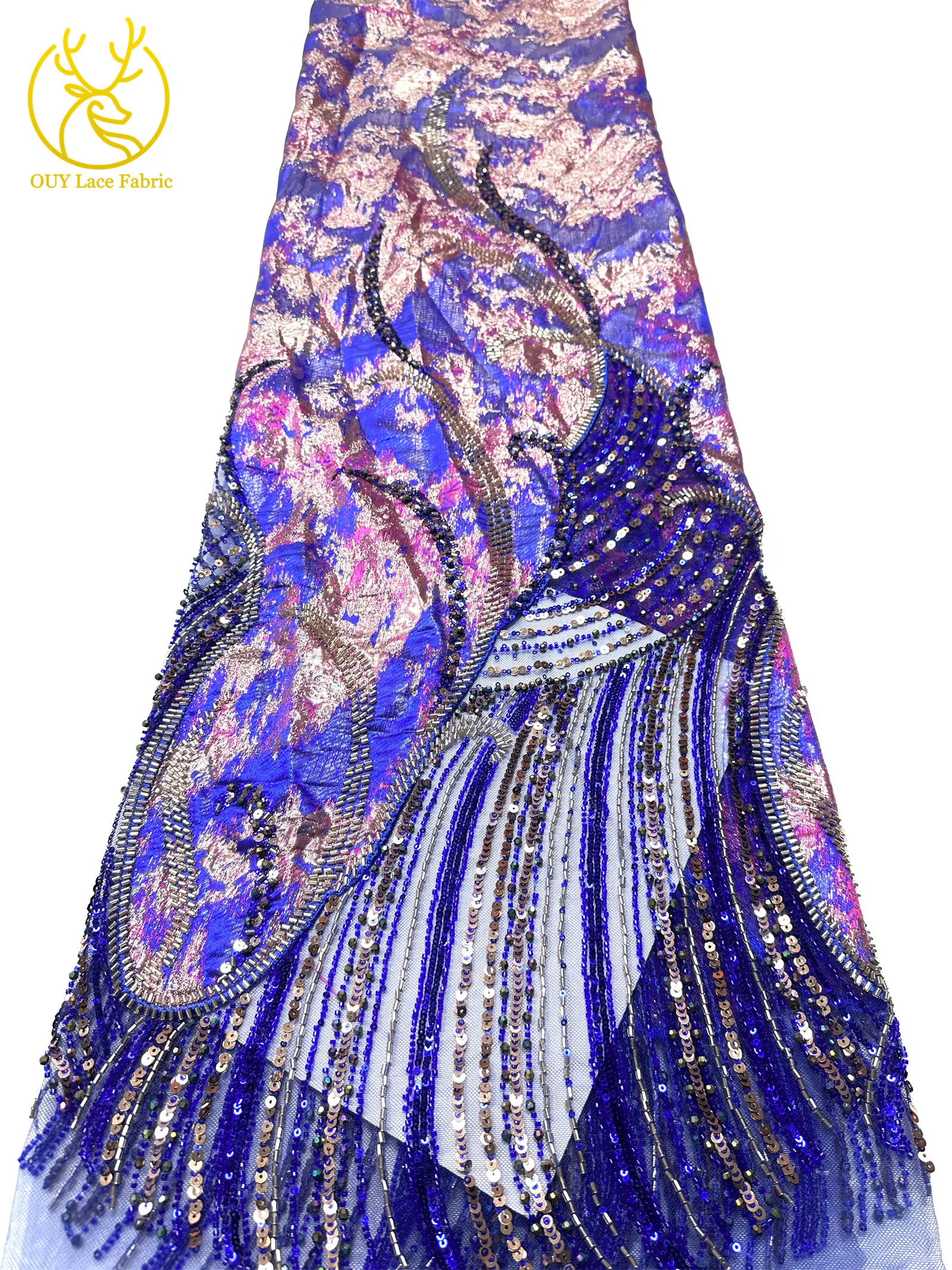 Purple Luxury African Heavy Beaded Chiffon Lace Fabric 2026 High-Quality Nigerian Sequined Lace Fabric for Evening Gowns 5 Yards