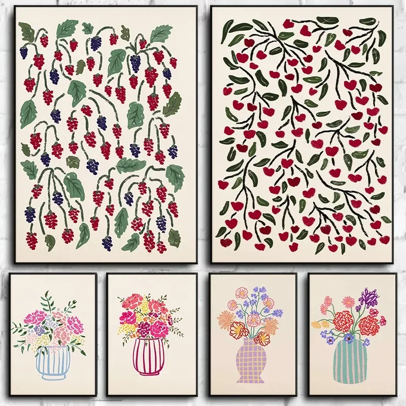 1pc frameless Canvas Painting Minimalist Still Life Abstract Botanical Flower Poster Whimsical Floral Vase Canvas Painting Wall