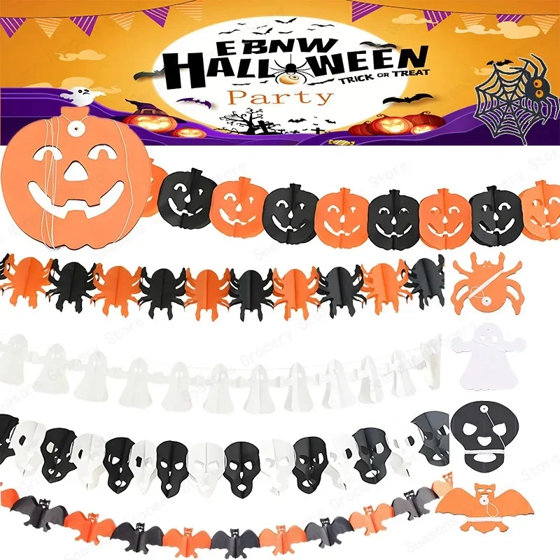 Halloween-Horror-Dekorationen, Papierbanner mit Fledermaus, Kürbis, Hexe, Spinne, Totenkopf – Wimpelkette für Party-Hängedekorationszubehör