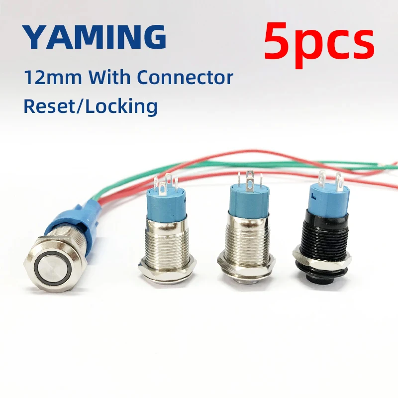 

5pcs 12mm Metal Push Button Switch With 4 Pins Connector Momentary Reset Fixation Waterproof IP65 LED Light Flat/High Head
