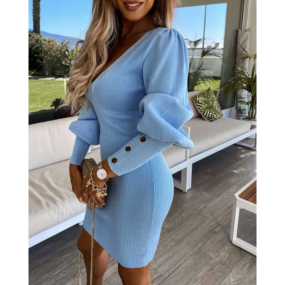 

2025 Women Fashion Puff Gigot Sleeve Buttoned Knit Bodycon Dress Long Sleeve V-Neck Slim Fit Midi Blue Dress for Autumn Winter